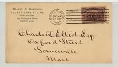 Charles D. Elliot Esq Oxford Street, Somerville, Mass 1893 Blarney & Robinson Counsellors at Law Sears Building, Perkins Collection 1861 to 1933 Envelopes and Postcards